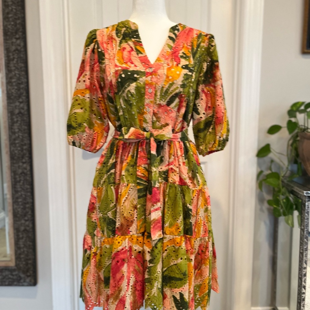 Gibson Latimer Floral Eyelet Tiered Midi Dress in Green, Pink, Yellow